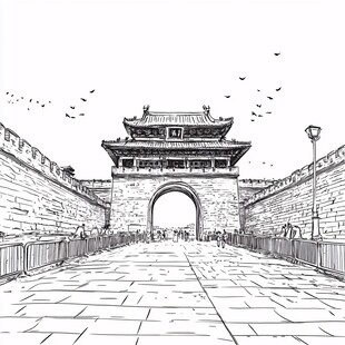 古城门建筑线稿图