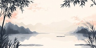 水墨湖畔竹林山水图