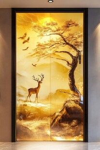 金色鹿景玄关艺术装饰画