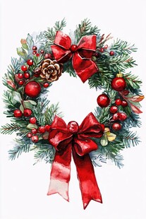 圣诞松枝花环水彩插画