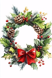 圣诞花环水彩插画