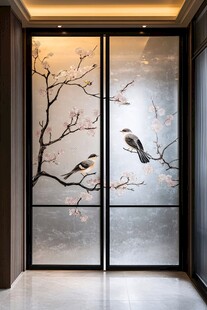 中式花鸟玻璃移门装饰
