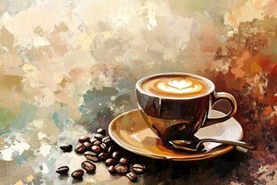 艺术风咖啡杯与咖啡豆