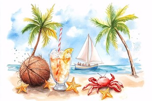 夏日海滩饮品与惬意风光