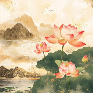 水墨荷花山水诗意画卷