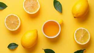 黄色背景上的柠檬与柠檬茶