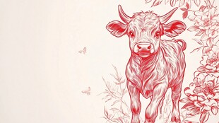 红线条小牛与花卉插画