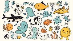 可爱海洋生物卡通插画