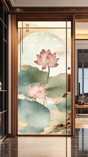 中式玄关荷花图艺术隔断