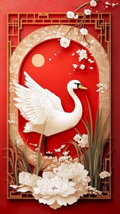 中式红底白鹤花卉装饰图