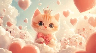 戴皇冠的萌猫置身爱心云朵中