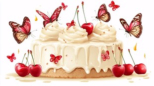 蝴蝶樱桃装饰的美味蛋糕