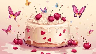 甜美樱桃蛋糕与蝴蝶梦幻图