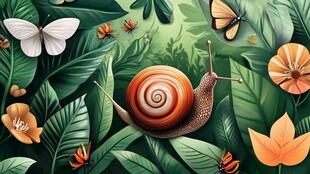 蜗牛在绿叶花丛间的悠然世界