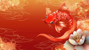 红色锦鲤与花卉喜庆背景