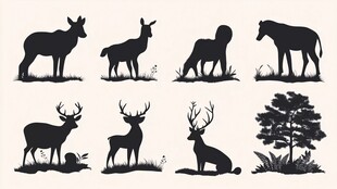 鹿与树的剪影插画素材