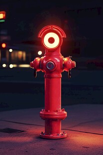 夜晚点亮的红色消防栓