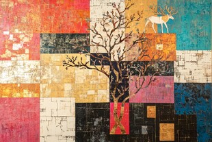 抽象拼贴画中的树与鹿