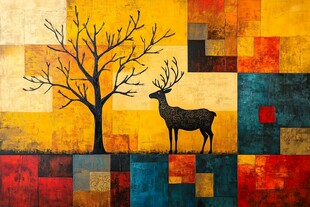 抽象风树鹿几何图案画作