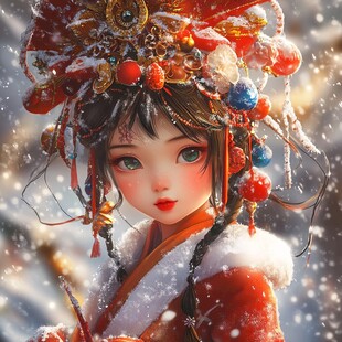 雪中戏曲少女华美扮相