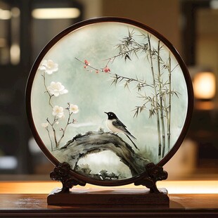 圆形花鸟屏风摆件