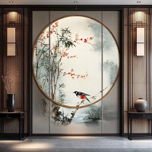 中式花鸟圆形壁画装饰空间