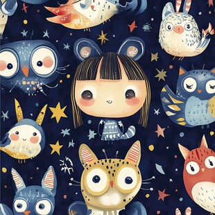 女孩与萌宠动物梦幻插画