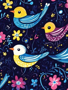 缤纷花鸟图案的梦幻背景