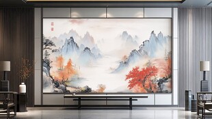 中式客厅中的山水艺术壁画