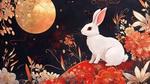 玉兔望月 繁花相伴