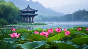 湖畔荷韵 古亭静立山水间