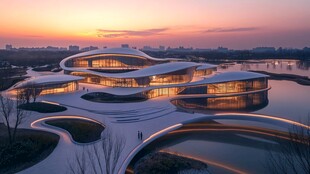 湖畔现代建筑的绝美黄昏