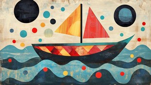 彩色帆船在波点海洋中航行