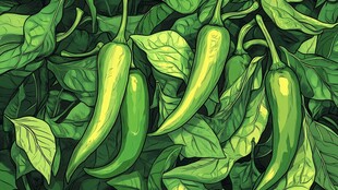 翠绿尖椒挂于繁茂枝叶间