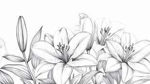 手绘百合花黑白线稿图