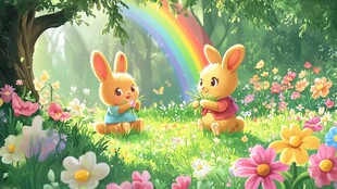 彩虹下的可爱兔子与繁花