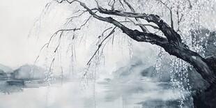 水墨垂柳映湖景