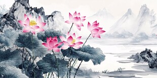 水墨荷花山水写意画