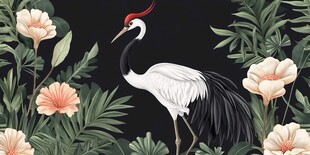 仙鹤伴繁花绿植插画