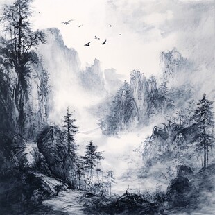 水墨山水间飞鸟越奇峰