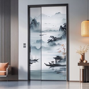 中式山水风艺术玻璃移门