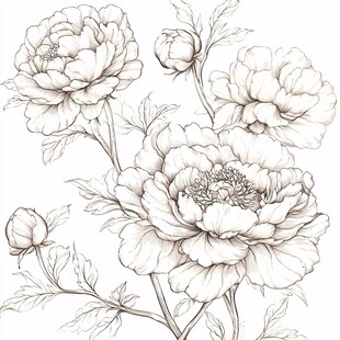 手绘优雅牡丹花线条图