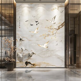 中式山水飞鸟艺术背景墙