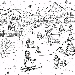 冬日滑雪小镇欢乐场景