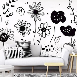 黑白手绘花卉风客厅装饰