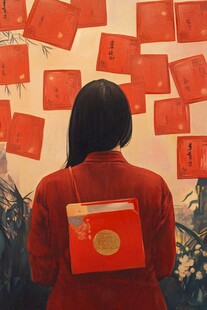 红衣女子背红包赏墙上红笺