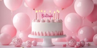 粉色系生日蛋糕与气球装饰