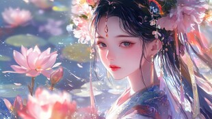 荷塘汉服少女的梦幻之美