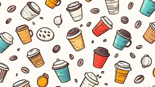 多彩手绘咖啡杯与咖啡豆图案