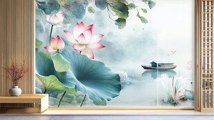 中式水墨荷花山水背景墙